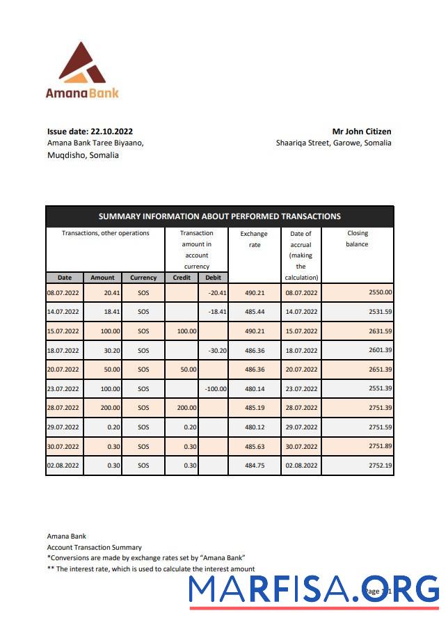 Downloadable Somalia Amana bank statement excel download for verification